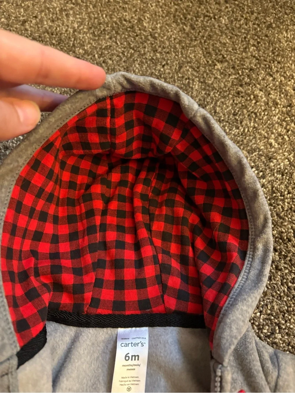 Carter's Gray Zip-up Hoodie with Red Plaid Lining and Tree Patch